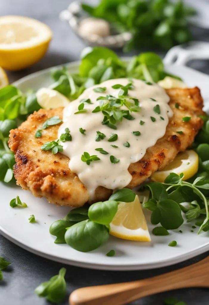 A golden-brown crispy parmesan chicken breast topped with creamy garlic sauce, surrounded by fresh herbs and lemon slices on a white plate