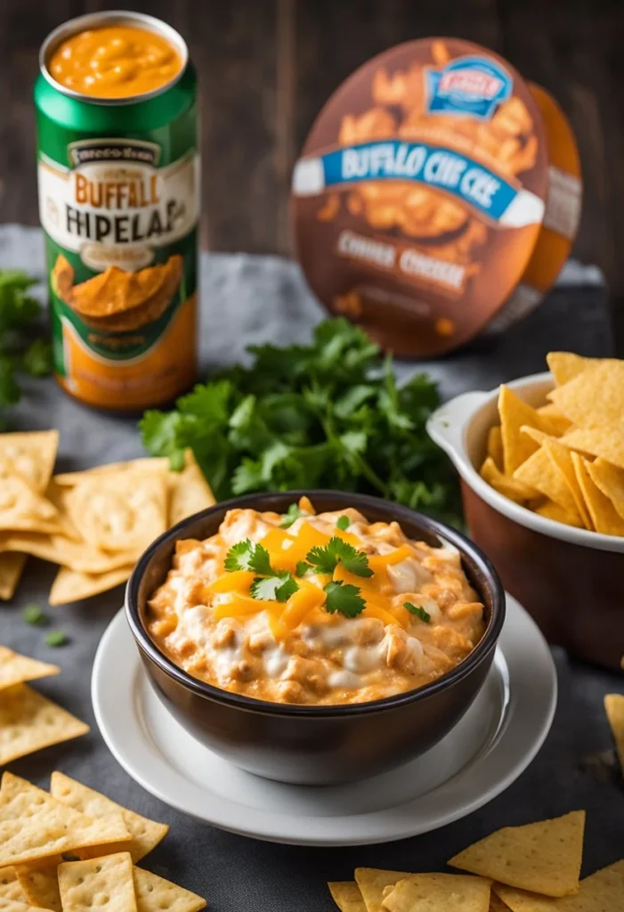 A bowl of buffalo chicken dip sits on a table, with a can of chicken next to it. The dip is topped with melted cheese and surrounded by tortilla chips