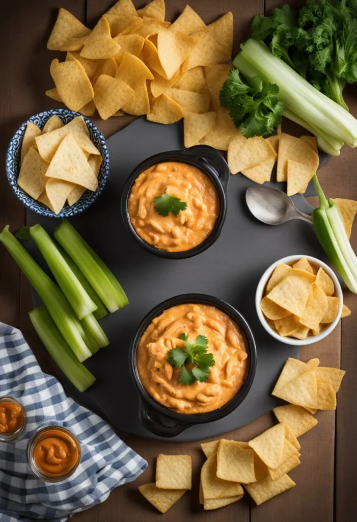 A bowl of buffalo chicken dip sits on a table, surrounded by chips and celery. Canned chicken and hot sauce are nearby