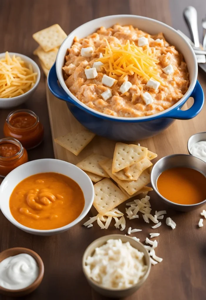 A bowl of buffalo chicken dip surrounded by canned chicken, hot sauce, cream cheese, and shredded cheese on a kitchen counter