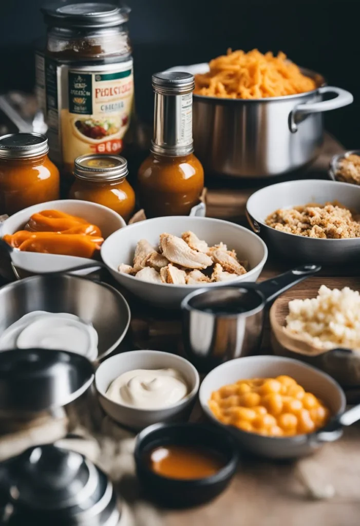 A kitchen counter with open cans of chicken, hot sauce, and cream cheese, surrounded by measuring spoons, a mixing bowl, and a baking dish