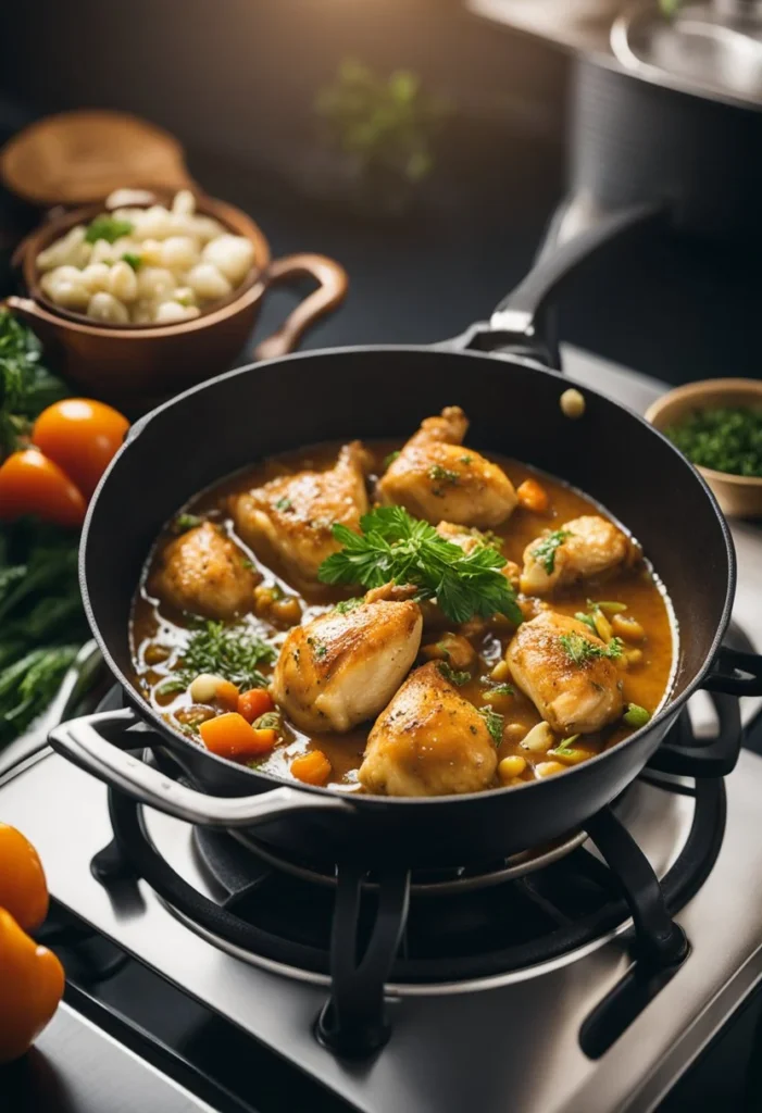 A bubbling pot of chicken and gravy on a stovetop, surrounded by simmering vegetables and herbs