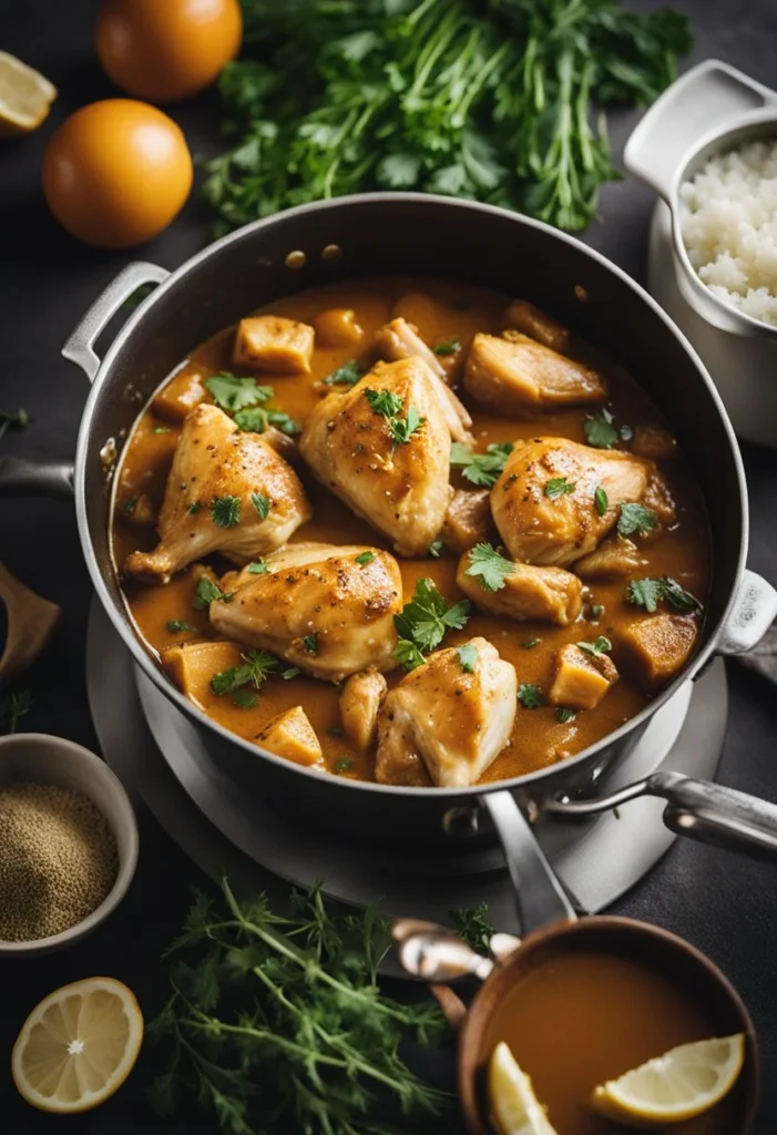 A bubbling pot of chicken and gravy simmering on a stovetop, surrounded by scattered herbs and spices