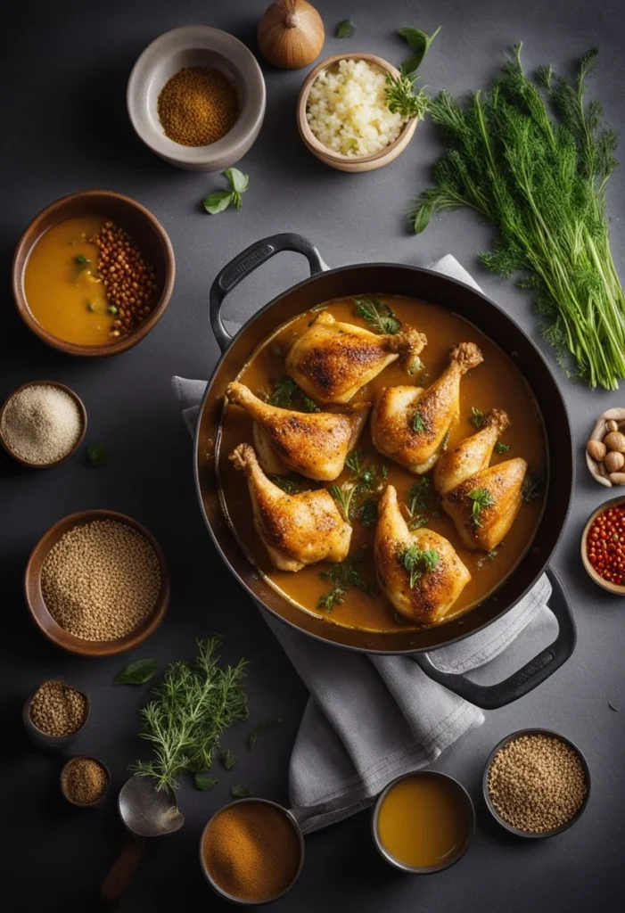 A pot of sizzling chicken cooks on a stovetop, surrounded by aromatic herbs and spices. A rich, golden gravy simmers in a separate pan nearby