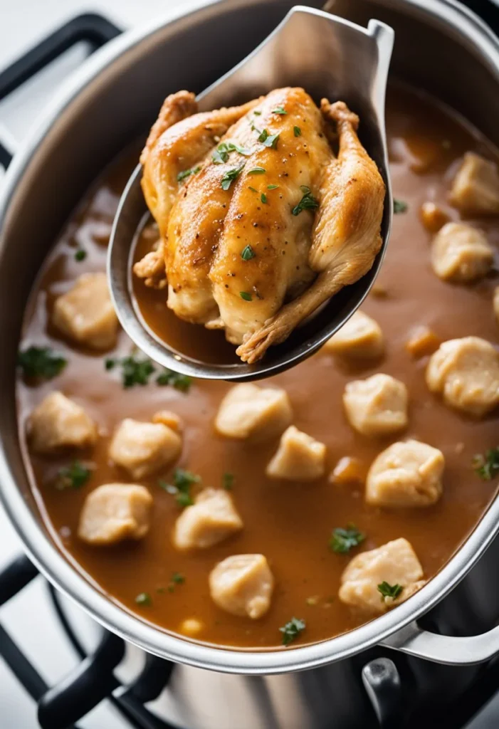 A bubbling pot of savory chicken and gravy simmering on a stovetop
