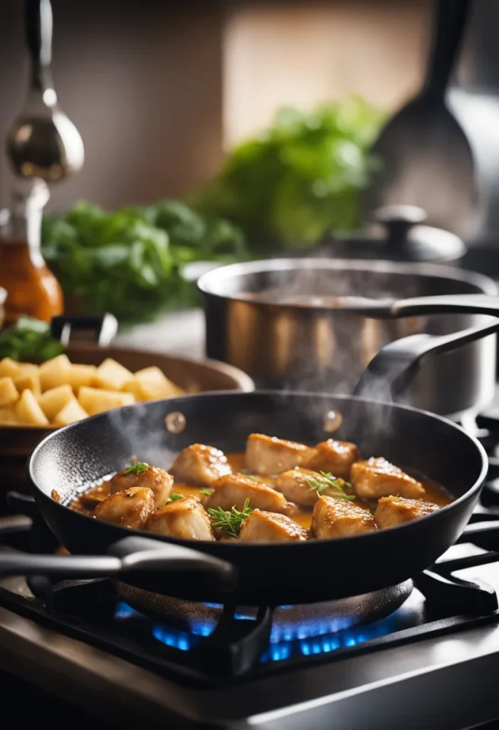 A skillet sizzling with chicken pieces cooking in a rich, savory gravy, steam rising as the dish simmers on a stovetop