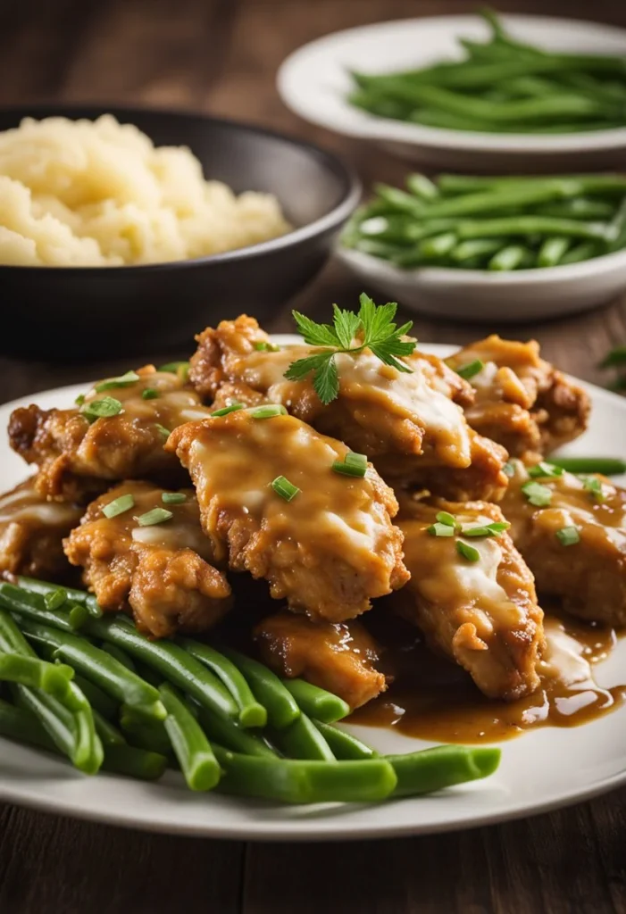 A plate of smothered chicken wings with rich, savory gravy, surrounded by steaming mashed potatoes and buttery green beans