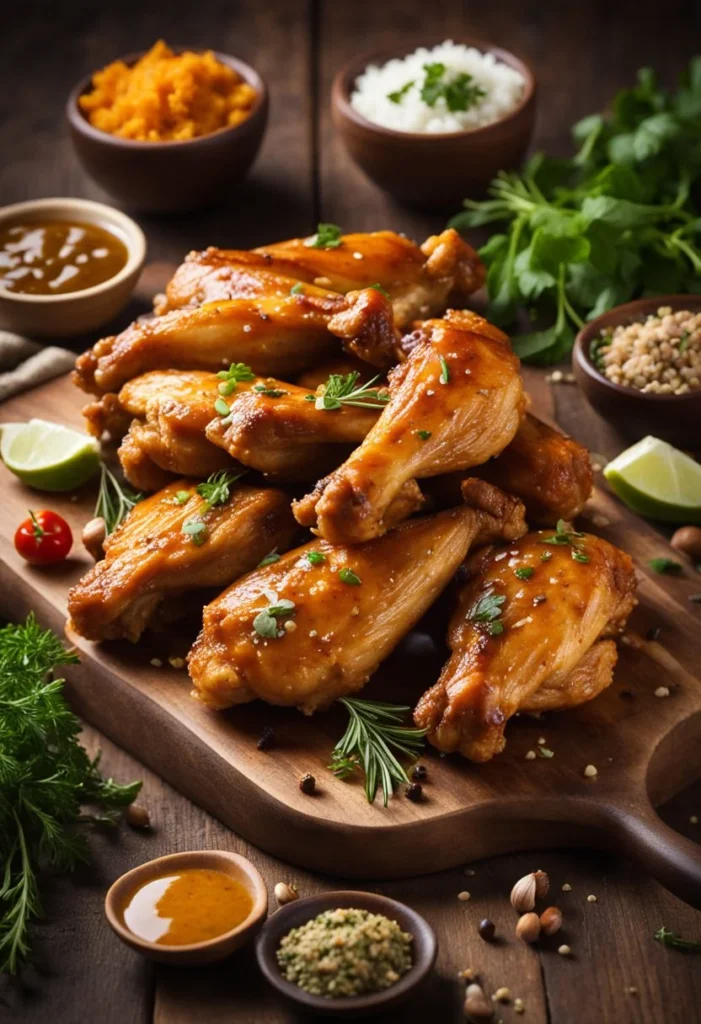 Chicken wings marinating in a rich gravy, surrounded by various herbs and spices on a wooden cutting board