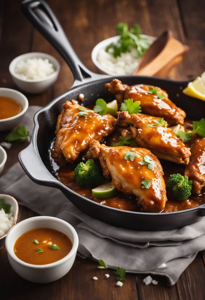 A pair of chicken wings sizzling in a skillet, smothered in rich, savory gravy, steam rising from the bubbling sauce