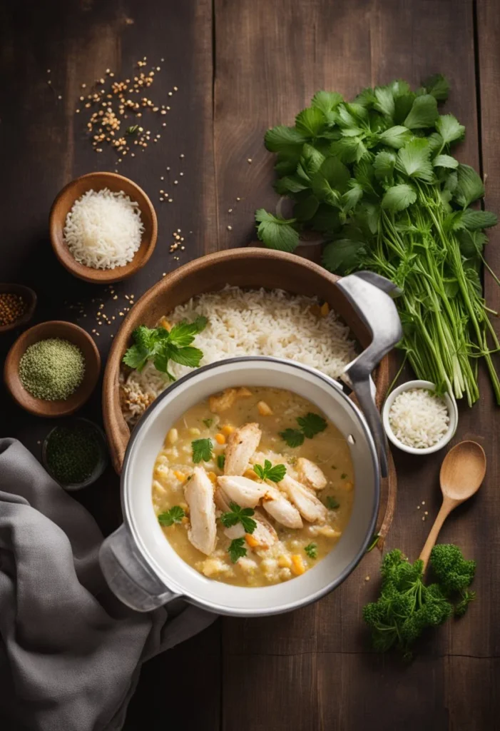 A bubbling pot of creamy rice and tender chicken, garnished with fresh herbs and spices, steams on a rustic wooden table