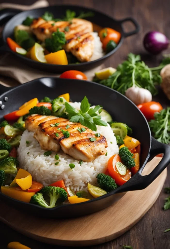 A sizzling skillet with tender chicken and rice simmering in a savory sauce, surrounded by colorful vegetables and herbs