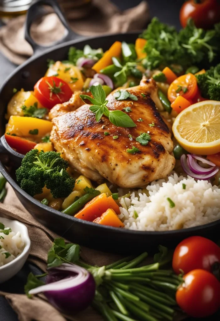 A sizzling skillet of chicken and rice simmering in a savory sauce, surrounded by colorful vegetables and aromatic herbs