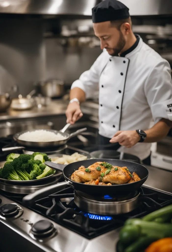 A chef adding seasoned chicken and vegetables to a sizzling skillet, while a pot of rice simmers on the stove beside them