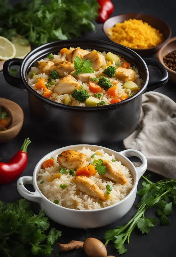 A pot of simmering chicken and rice with vegetables, herbs, and spices