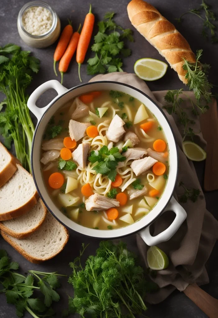 A pot of steaming chicken noodle soup with chunks of rotisserie chicken, carrots, and celery, surrounded by fresh herbs and a loaf of crusty bread