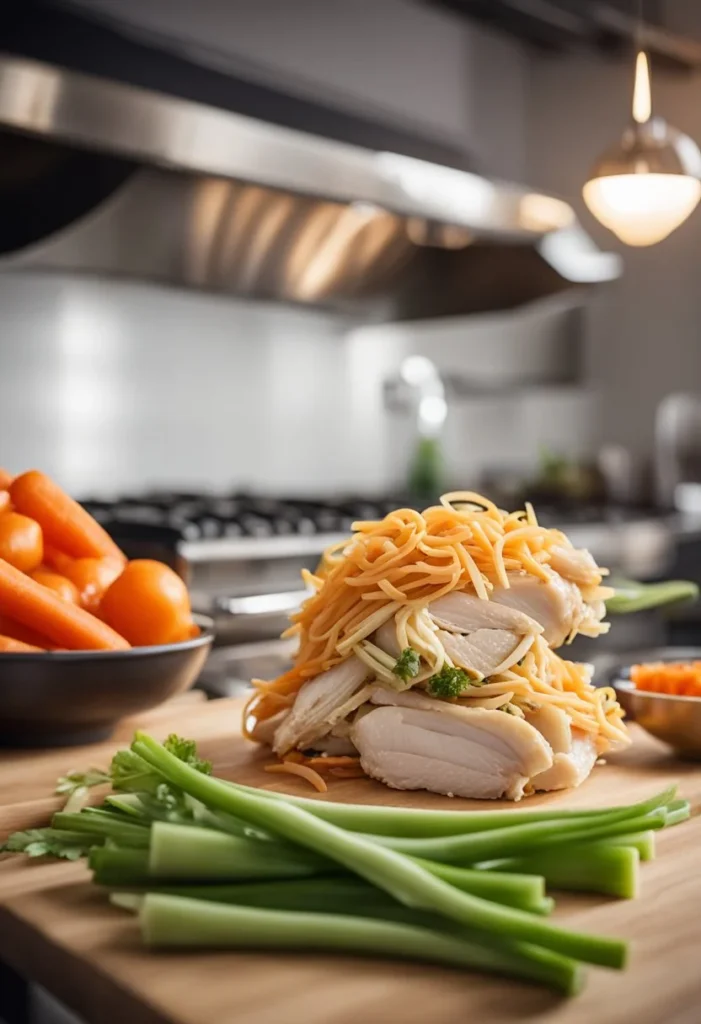 A kitchen counter with a rotisserie chicken, carrots, celery, onion, and noodles laid out for making chicken noodle soup