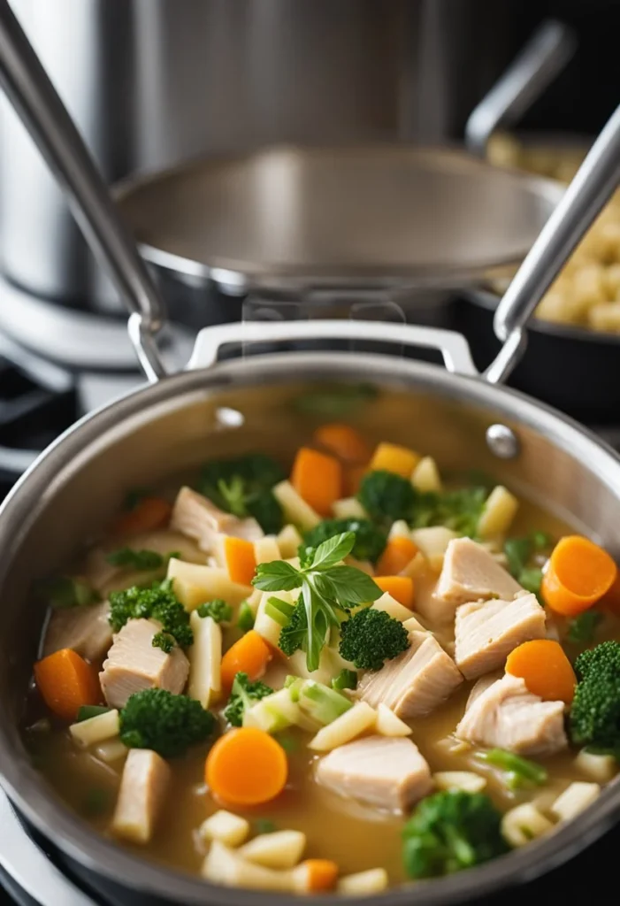 A pot simmering on the stove with chicken broth, chopped vegetables, and seasonings, ready to be filled with shredded rotisserie chicken and noodles
