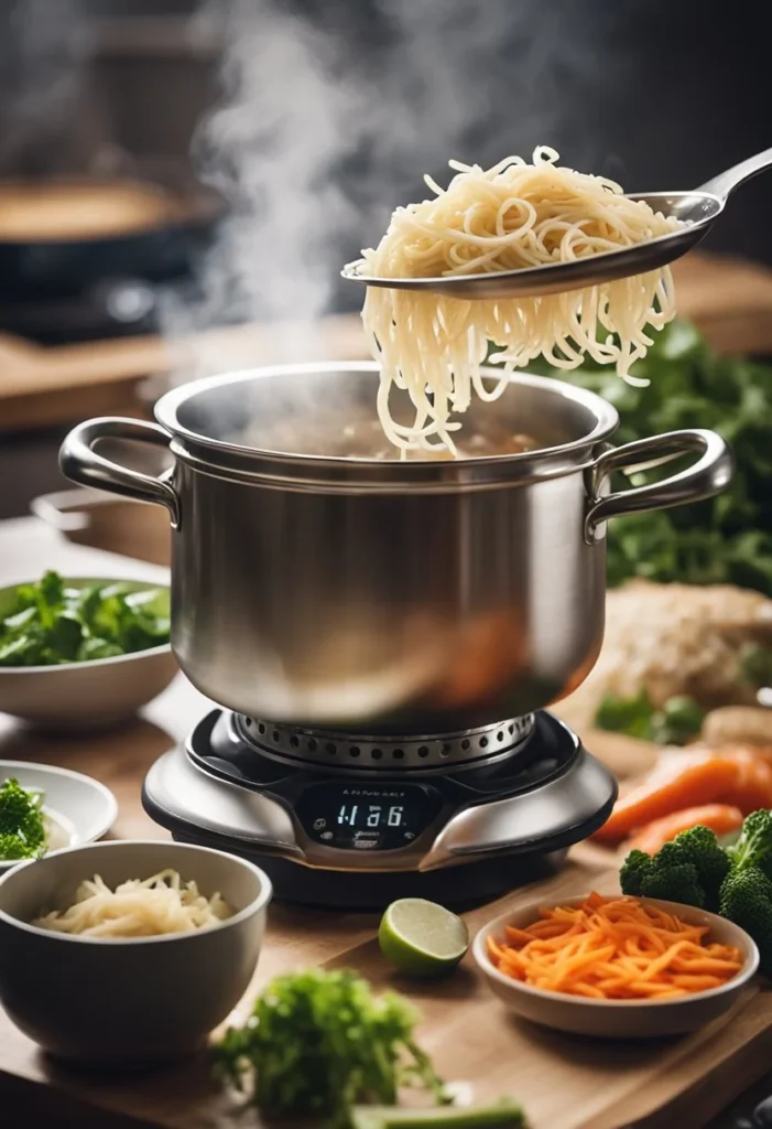 A pot of boiling water with noodles, vegetables, and shredded rotisserie chicken. A spoon stirring the soup as steam rises