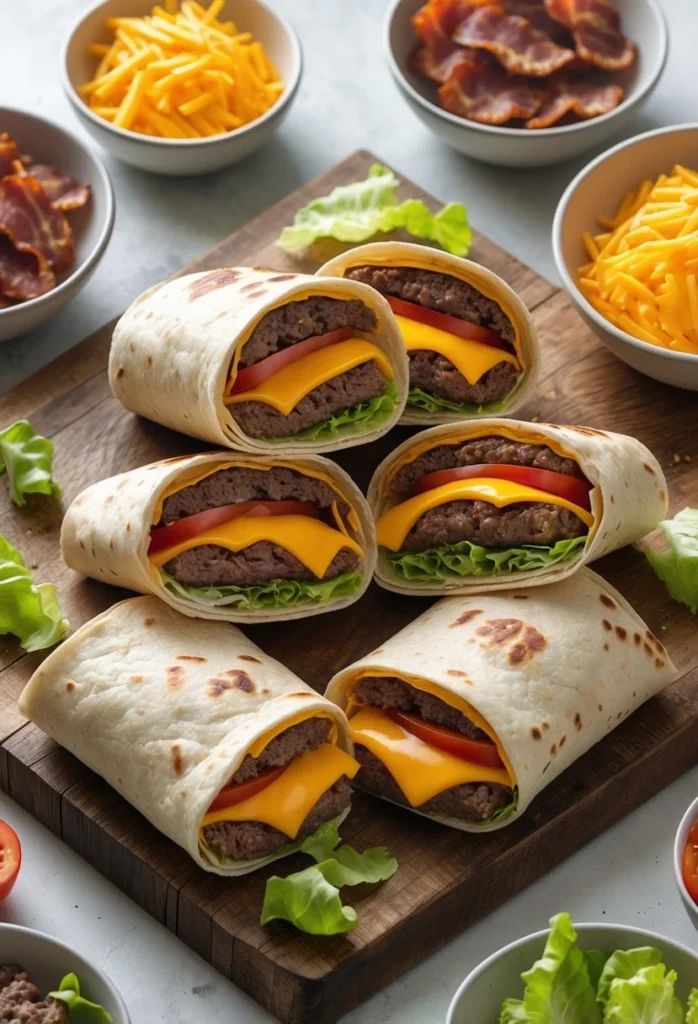 Bacon Cheeseburger Burger Wraps 4 A cutting board with bacon cheeseburger burger wraps cut in half showing bacon, cheese, beef, lettuce, and tomato, surrounded by small bowls of ingredients on a kitchen countertop.