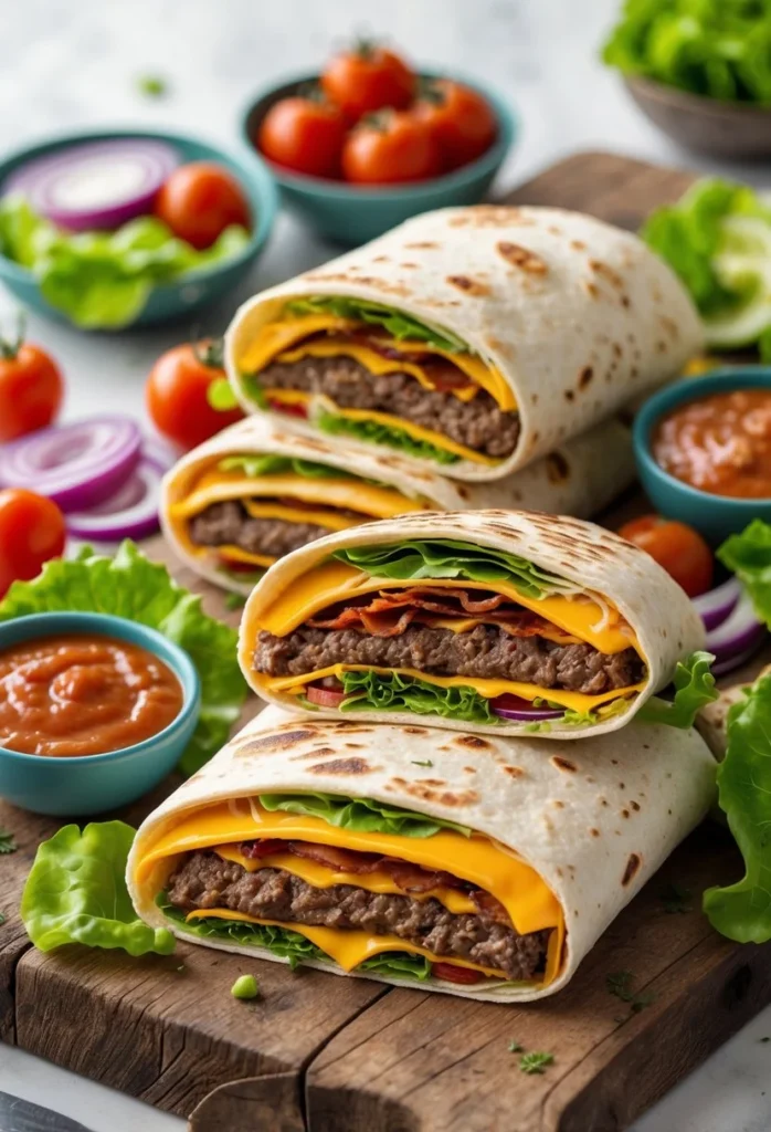 Bacon Cheeseburger Burger Wraps 5 A serving board with bacon cheeseburger wraps cut in half showing bacon, cheese, beef, lettuce, and tomato, accompanied by dipping sauces and fresh vegetables.