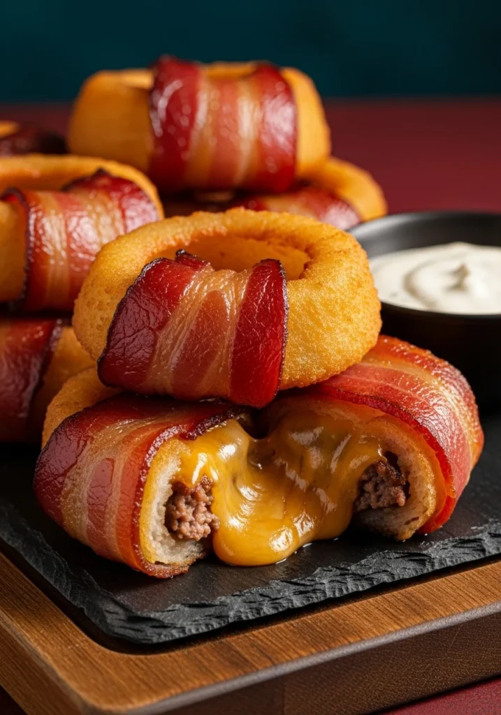 Bacon Cheeseburger Loaded Onion Ring Bombs