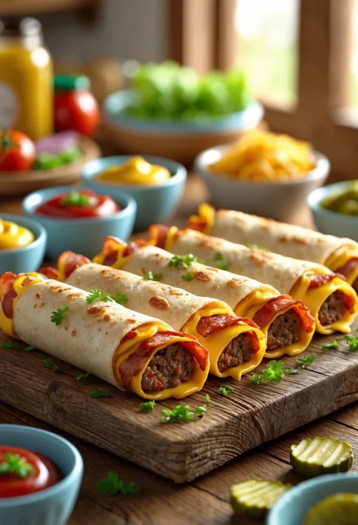 Bacon Cheeseburger Roll Ups 2 A serving board with bacon cheeseburger roll-ups and small bowls of ketchup, mustard, and pickles in a cozy kitchen setting.
