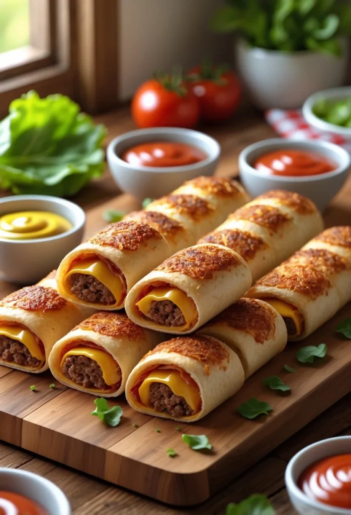 Bacon Cheeseburger Roll Ups 6 Plate of bacon cheeseburger roll-ups with dipping sauces on a wooden board in a kitchen setting.