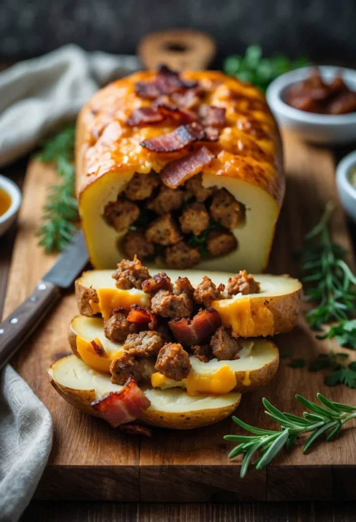 Bacon and Sausage Stuffed Potato Loaf 2 1 A sliced potato loaf filled with bacon and sausage on a wooden board with fresh herbs around it.
