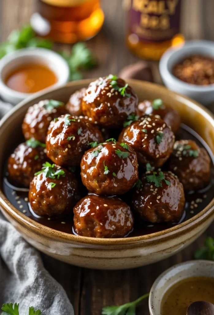 A bowl of bourbon honey BBQ meatballs coated in glossy sauce, garnished with parsley and sesame seeds, placed on a wooden table with dipping sauces and ingredients nearby.
