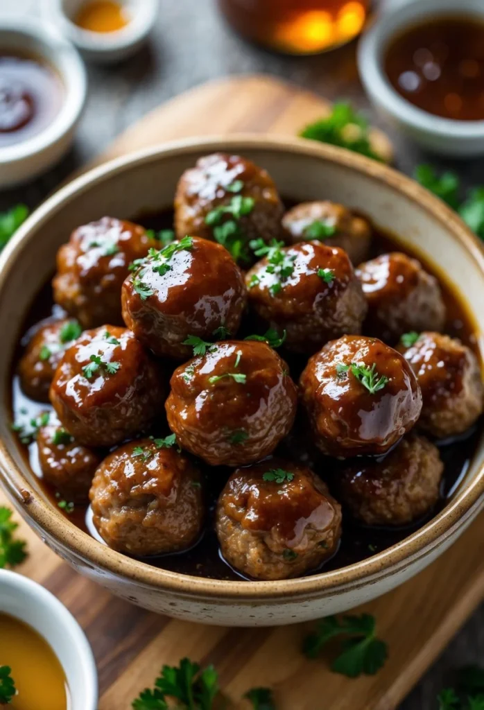 A bowl of glossy bourbon honey BBQ meatballs garnished with fresh herbs on a wooden board with small bowls of sauce nearby.