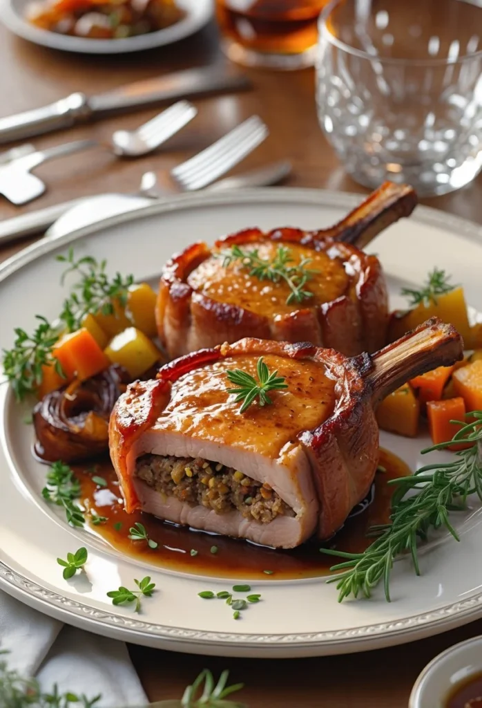 A plated dish of bacon wrapped stuffed pork chops with herbs and sauce on a dining table set for an elegant meal.