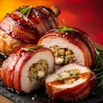 Bourbon Maple Bacon Wrapped Stuffed Pork Chops