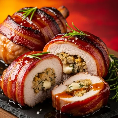 Bourbon Maple Bacon Wrapped Stuffed Pork Chops 4 Bourbon Maple Bacon Wrapped Stuffed Pork Chops