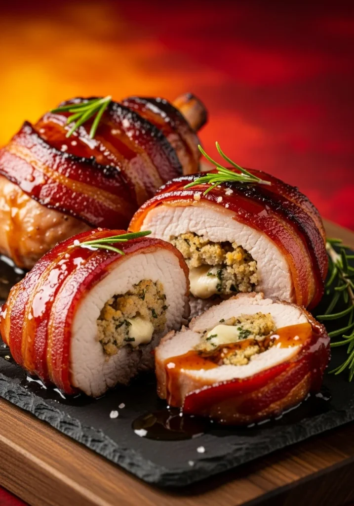 Bourbon Maple Bacon Wrapped Stuffed Pork Chops 