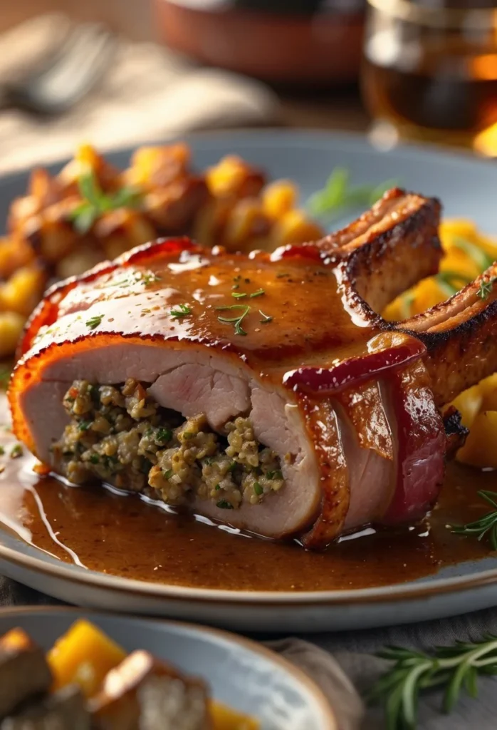 Bourbon Maple Bacon Wrapped Stuffed Pork Chops