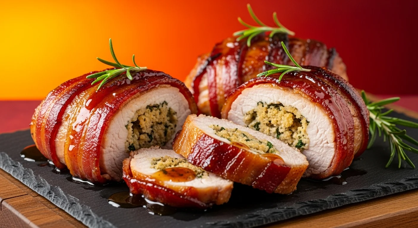 Bourbon Maple Bacon Wrapped Stuffed Pork Chops feature image