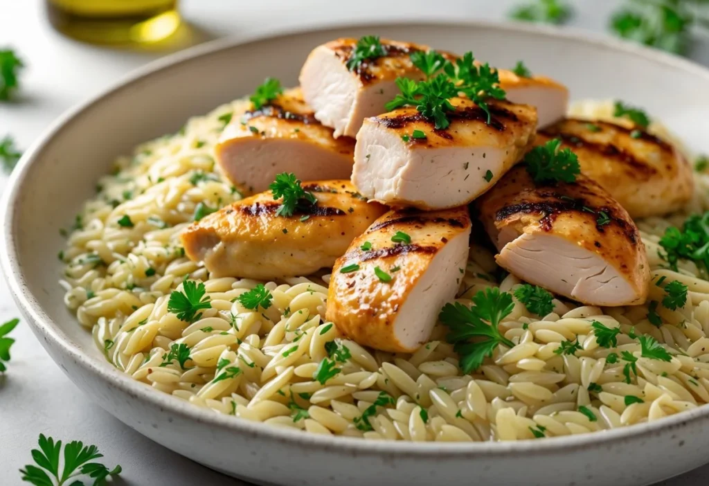 A plate of creamy orzo pasta mixed with herbs and topped with grilled chicken pieces and fresh parsley.