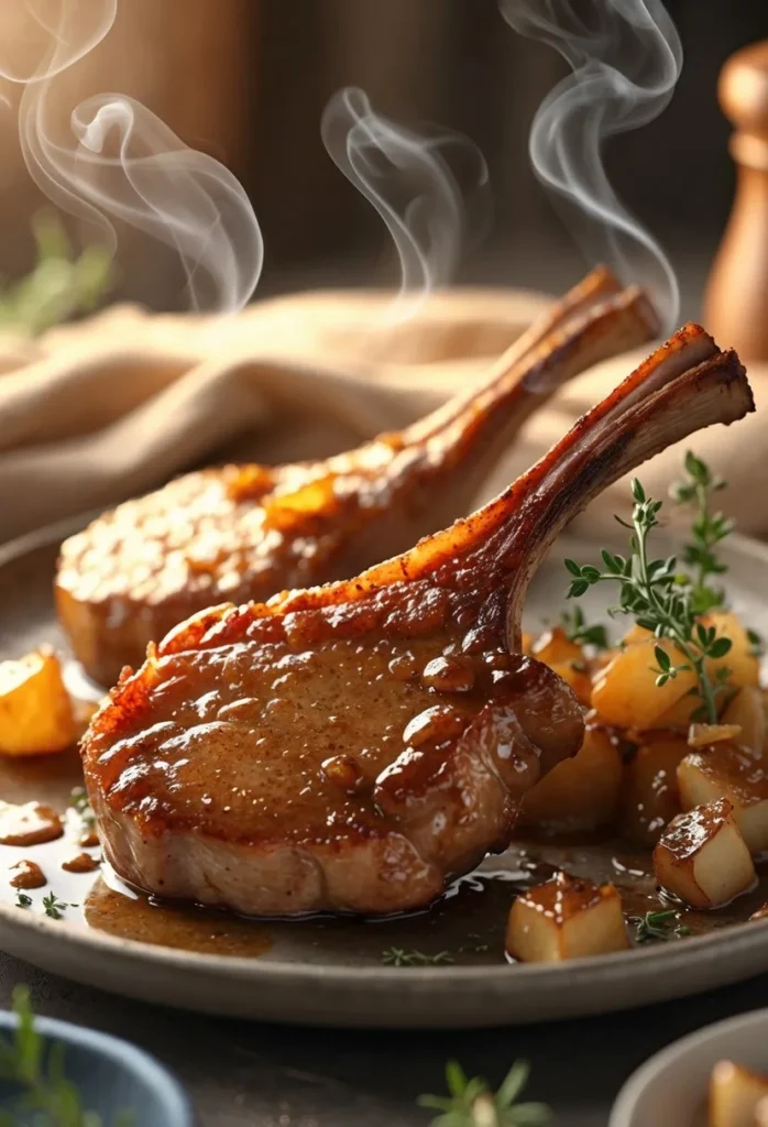 A plate of brown sugar baked pork chops with a sticky caramelized glaze, garnished with herbs and caramelized onions.