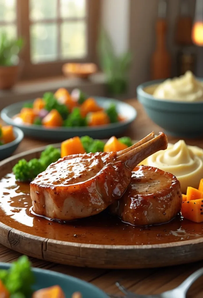 A plate of brown sugar glazed pork chops with roasted vegetables and mashed potatoes on a wooden table in a cozy kitchen setting.