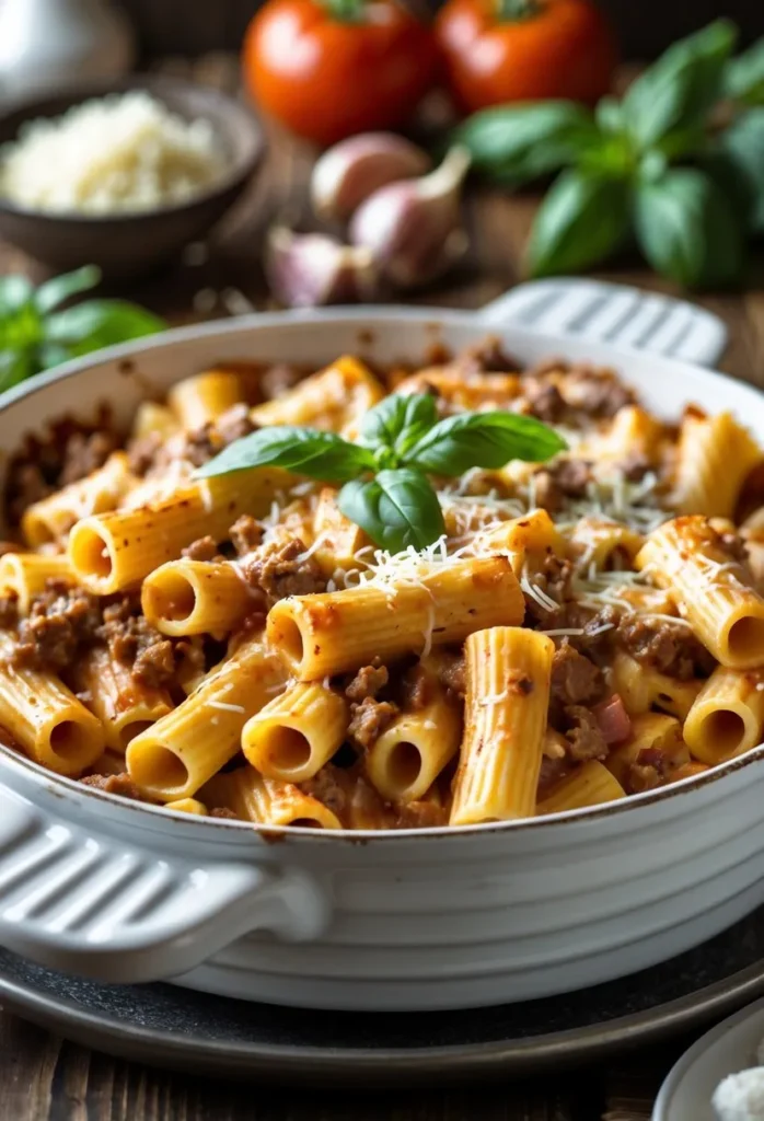 Cheesy Beef and Italian Sausage Rigatoni 4 Close-up of a baked rigatoni pasta dish with melted cheese, ground beef, Italian sausage, and fresh basil in a white baking dish on a wooden surface.