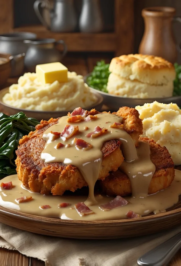 A plate of crispy country fried pork chops covered in bacon gravy, served with mashed potatoes, collard greens, and a buttermilk biscuit on a wooden table.