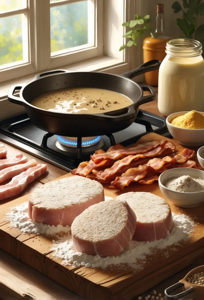 A kitchen scene displaying raw pork chops, cooked bacon strips, a bowl of bacon gravy, buttermilk, flour, and seasoning arranged around a wooden cutting board and a cast-iron skillet on a stove.