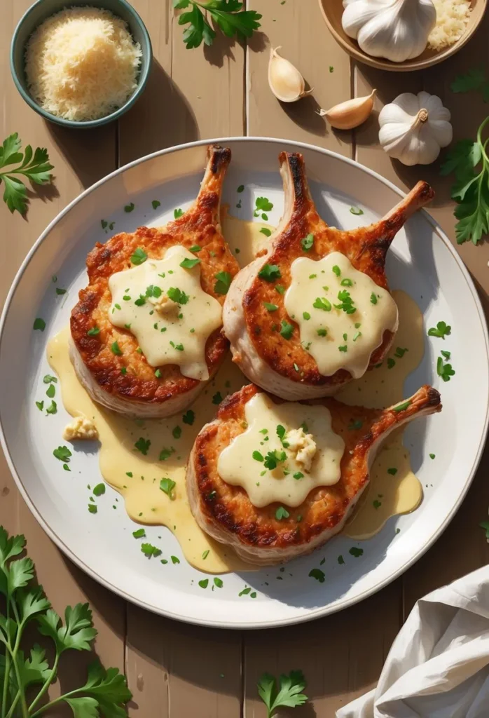 A plate of crispy garlic parmesan pork chops topped with melted cheese and garnished with parsley, on a wooden table with garlic cloves and parmesan cheese nearby.