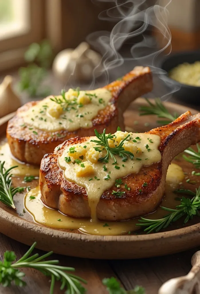 A plate with crispy garlic parmesan pork chops garnished with herbs and melted cheese.