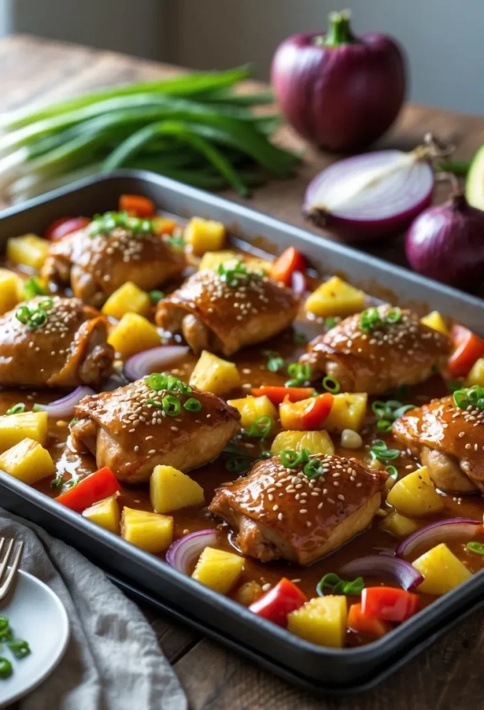 Hawaiian Chicken Sheet Pan – Sweet and Savory 1 A sheet pan with baked Hawaiian chicken, pineapple chunks, red bell peppers, and onions garnished with green onions and sesame seeds on a wooden table.
