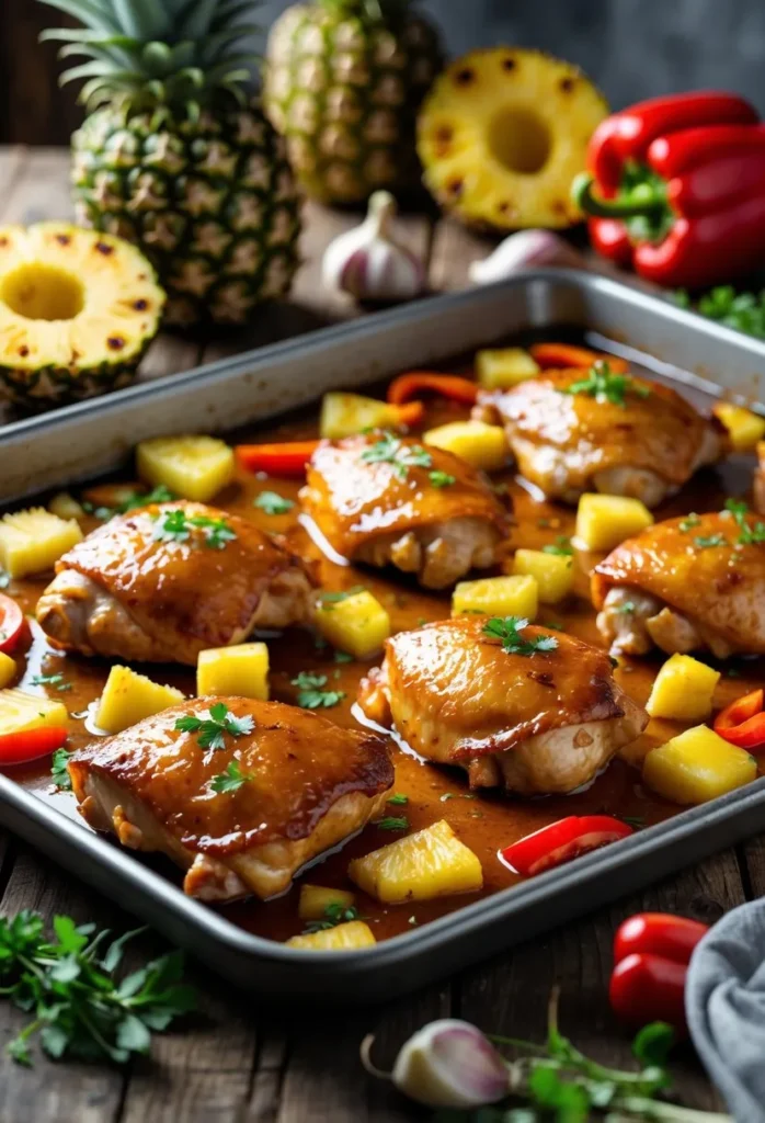 Hawaiian Chicken Sheet Pan – Sweet and Savory 7 A sheet pan with cooked Hawaiian chicken, pineapple chunks, and red bell peppers on a wooden table with fresh ingredients around it.