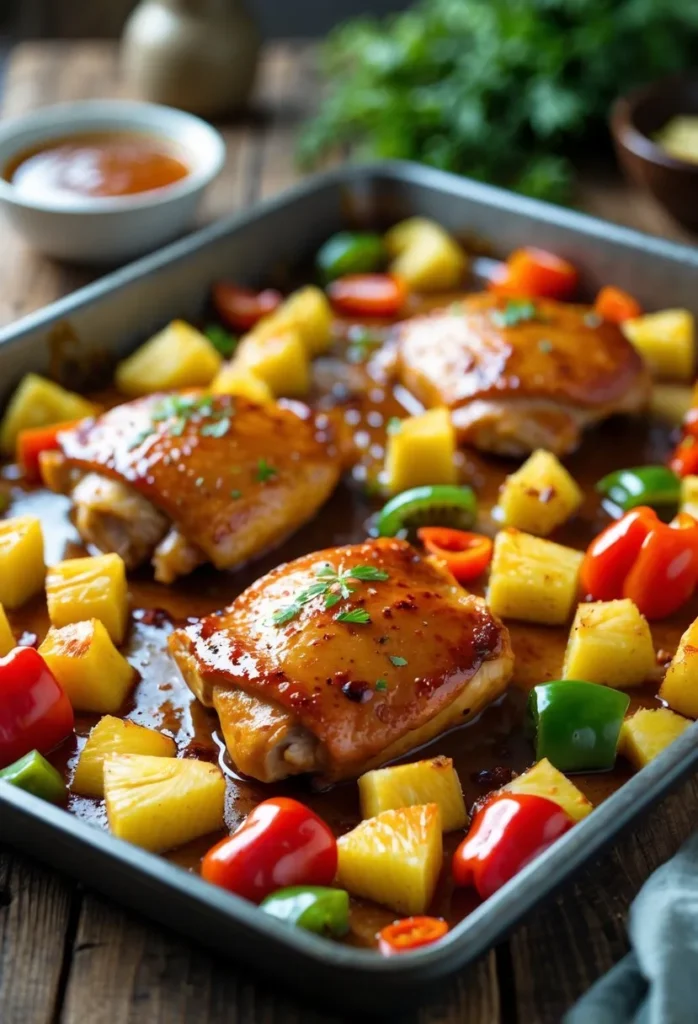 Hawaiian Chicken Sheet Pan – Sweet and Savory 8 A sheet pan filled with roasted Hawaiian chicken, pineapple chunks, and colorful bell peppers on a wooden table.