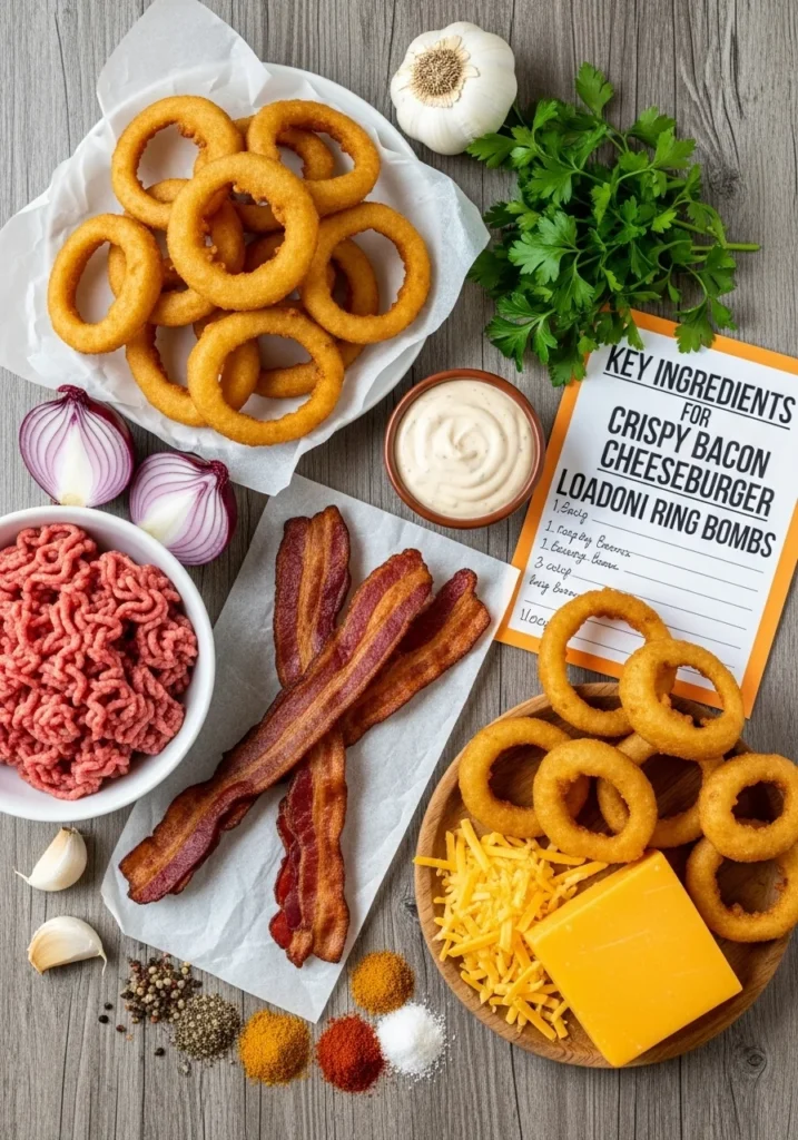 Key Ingredients for Crispy Bacon Cheeseburger Loaded Onion Ring Bombs