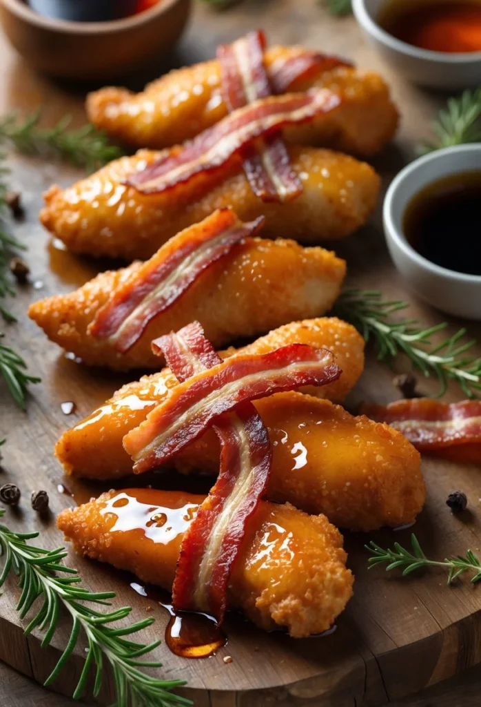 Maple Bacon Chicken Tenders 5 Close-up of golden maple glazed chicken tenders topped with crispy bacon strips on a wooden board, garnished with rosemary and a small bowl of maple syrup.