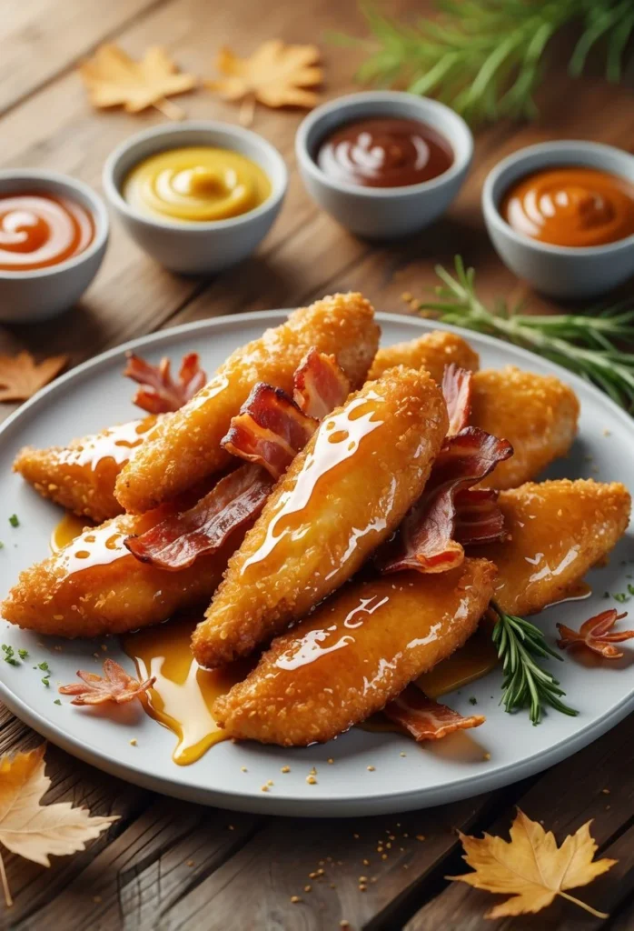 Maple Bacon Chicken Tenders 6 A plate of golden maple bacon chicken tenders with bacon strips and dipping sauces on a wooden table.